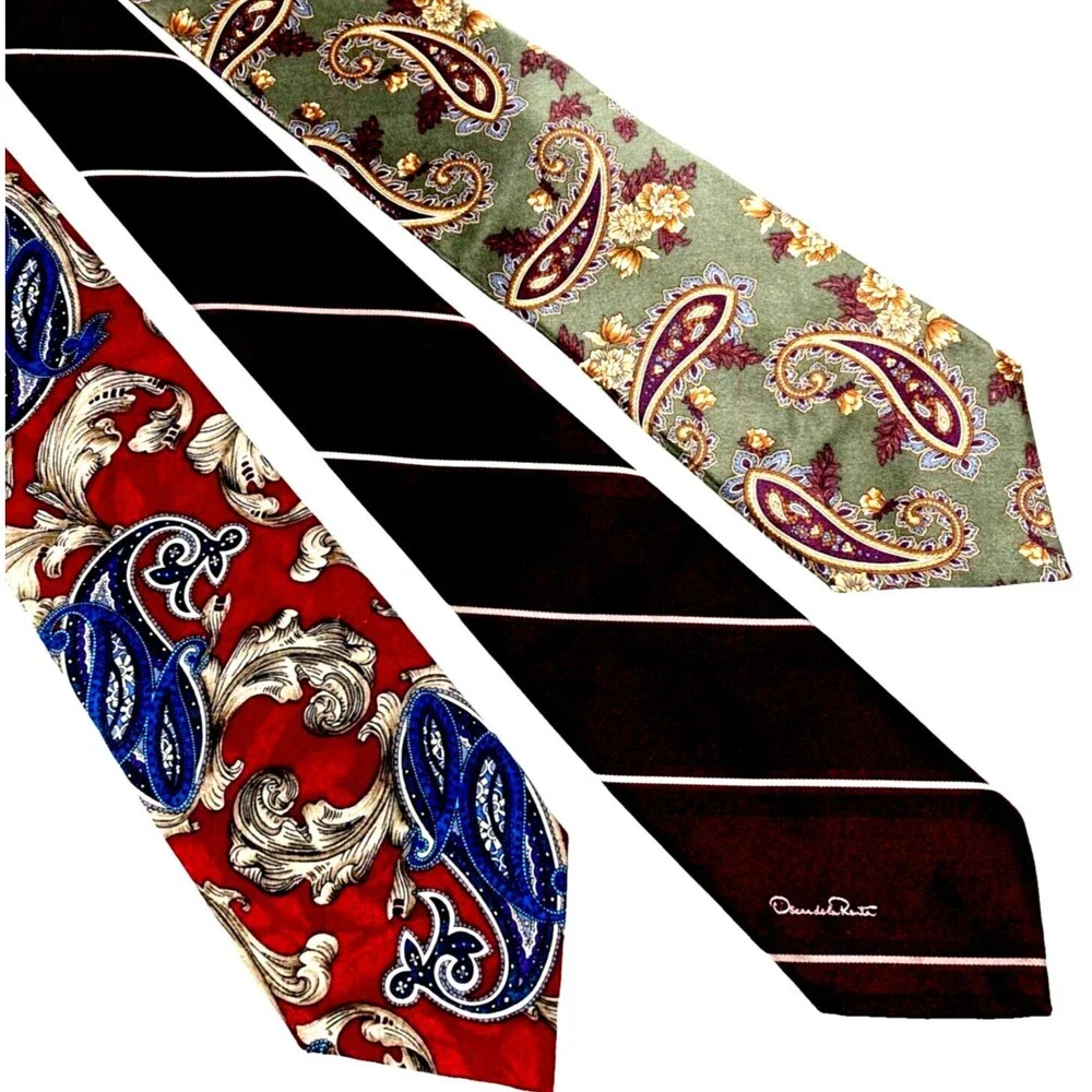 Oscar de la Renta Ties 3 Vintage Couture Paisley Stripe Blue Red Green Silk Y2K